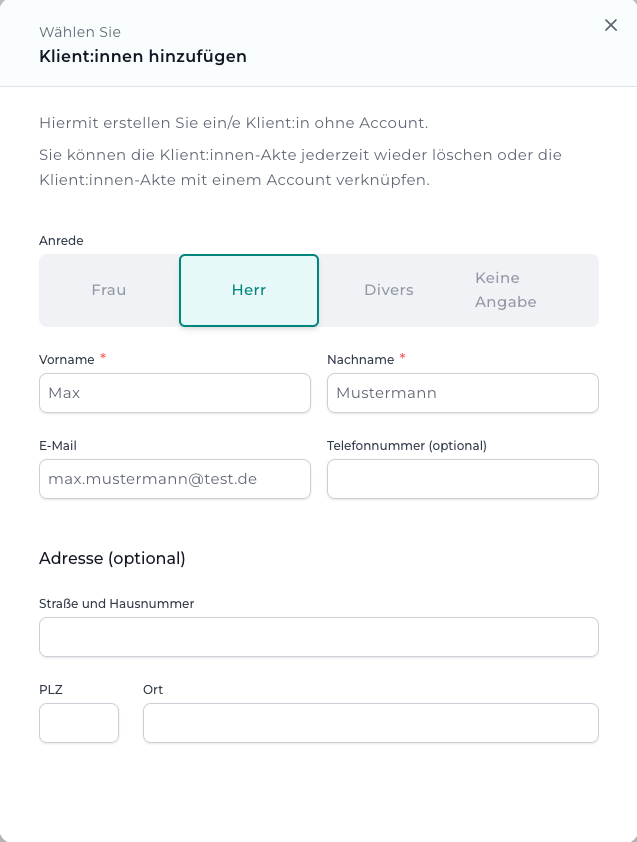 Klient:in ohne Account anlegen